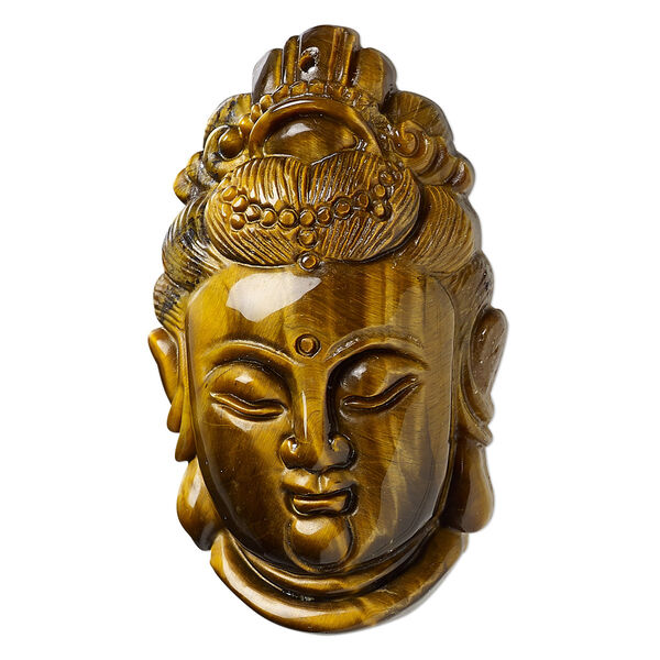 Focal, tigereye (natural), 45x25mm-47x27mm single-sided Quan Yin, B grade, Mohs hardness 7. Sold individually. image number 0
