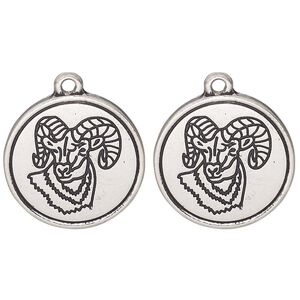 Drop, antique silver-finished "pewter" (zinc alloy) and enamel, black, 21mm round with ram head design. Sold per pkg of 2.