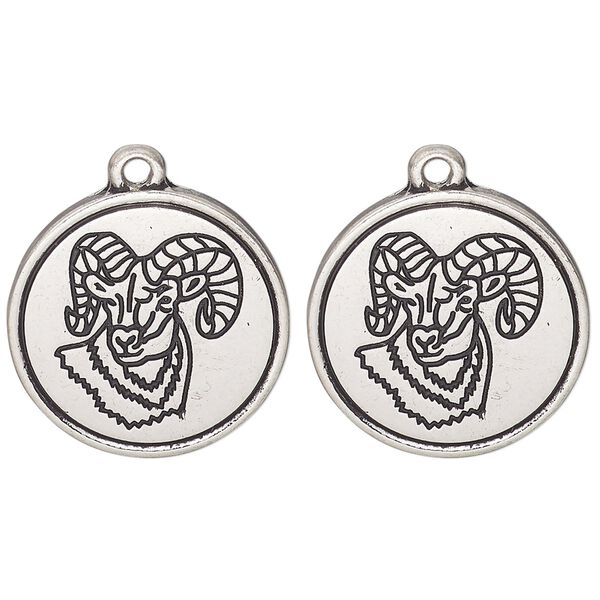 Drop, antique silver-finished "pewter" (zinc alloy) and enamel, black, 21mm round with ram head design. Sold per pkg of 2. image number 0