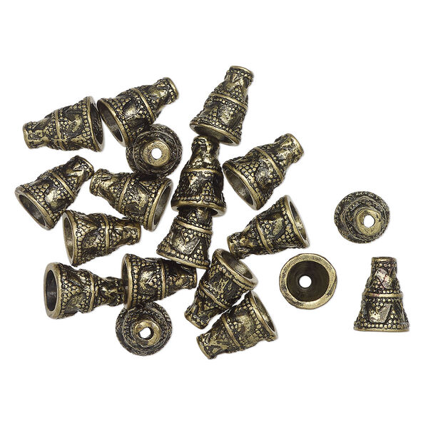 Cone, antique gold-finished "pewter" (zinc-based alloy), 12x9mm beaded, 6mm inside diameter. Sold per pkg of 20. image number 0