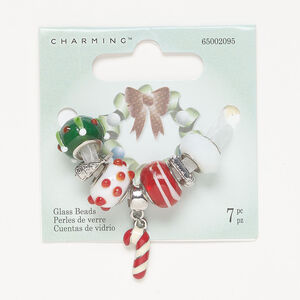 Bead assortment 1pkg7, glass / enamel / antique silver-finished brass and stainless steel, red / green / white, 12x5mm-15x10mm mixed shapes.