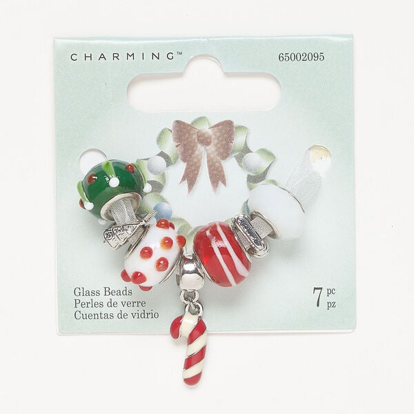 Bead assortment 1pkg7, glass / enamel / antique silver-finished brass and stainless steel, red / green / white, 12x5mm-15x10mm mixed shapes. image number 0