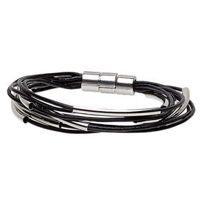 Bracelet, 8-strand, leather (dyed) with silver-plated brass and "pewter" (zinc-based alloy), black, 12mm wide with 37x3mm curved tube, 6 inches with magnetic clasp. Sold individually.