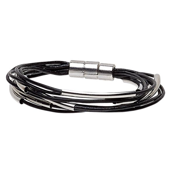 Bracelet, 8-strand, leather (dyed) with silver-plated brass and "pewter" (zinc-based alloy), black, 12mm wide with 37x3mm curved tube, 6 inches with magnetic clasp. Sold individually. image number 0