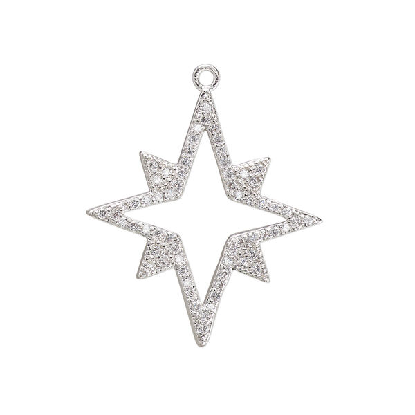 Charm, cubic zirconia and silver-plated brass, clear, 27.5x24.5mm single-sided open star. Sold individually. image number 0