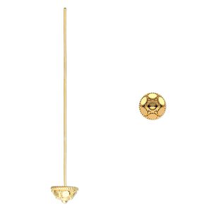 Head pin, gold-finished sterling silver, 2 inches with 8x5mm half-round beaded cap, 21 gauge. Sold per pkg of 2.