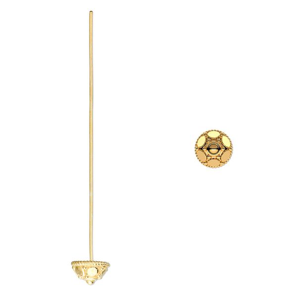 Head pin, gold-finished sterling silver, 2 inches with 8x5mm half-round beaded cap, 21 gauge. Sold per pkg of 2. image number 0