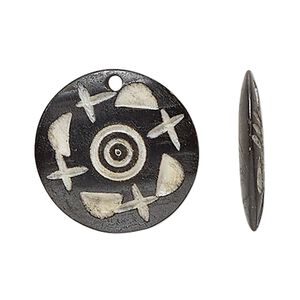 Drop, bone (dyed), black and tan, 23-24mm flat round. Sold per pkg of 4.