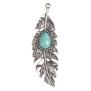 Focal, antique silver-finished "pewter" (zinc-based alloy) and "turquoise" (resin) (imitation), turquoise blue, 65x22mm single-sided feather. Sold per pkg of 2.