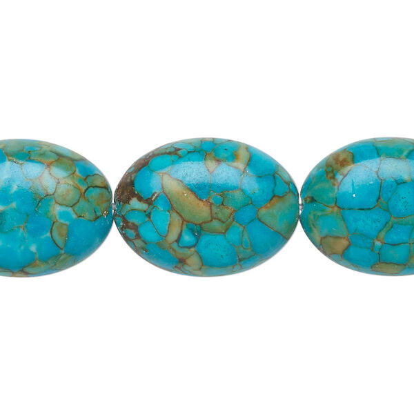 Bead, mosaic "turquoise" (magnesite) (dyed / assembled), blue, 20x15mm oval, B grade, Mohs hardness 3-1/2 to 4. Sold per 15-1/2" to 16" strand. image number 0
