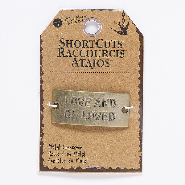 Focal, antique brass-finished "pewter" (zinc-based alloy), 45x20mm curved rectangle with "LOVE AND BE LOVED" and (2) 3.5mm holes. Sold individually. image number 0