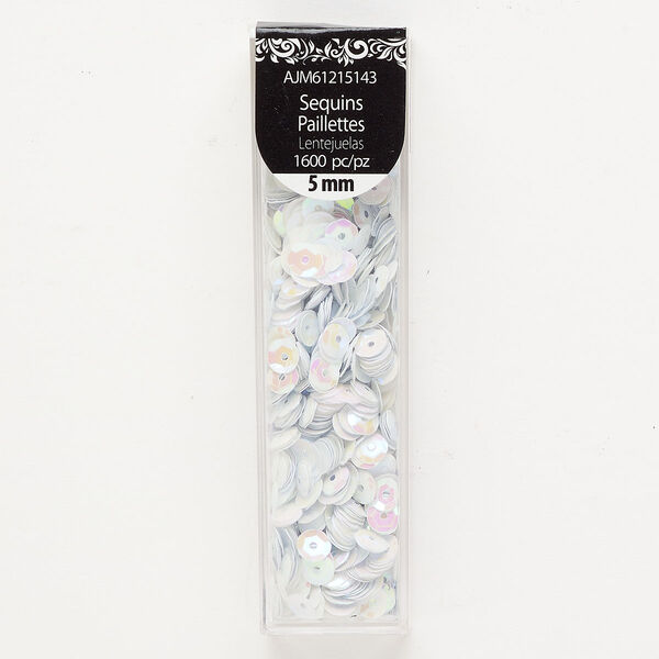Sequin 1pkg1600 plastic, 5mm round, white AB image number 0