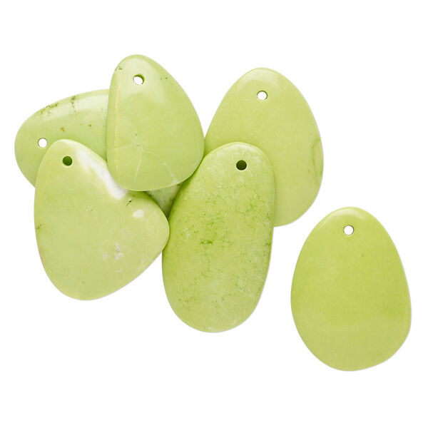 Focal mix, magnesite (dyed / stabilized), lime green, 35x27mm-57x35mm top-drilled freeform, Mohs hardness 3-1/2 to 4. Sold per pkg of 6. image number 0