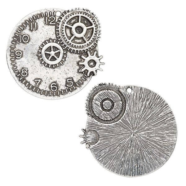 Focal, antique silver-finished "pewter" (zinc-based alloy), 47x45mm single-sided clock gears. Sold individually. image number 0