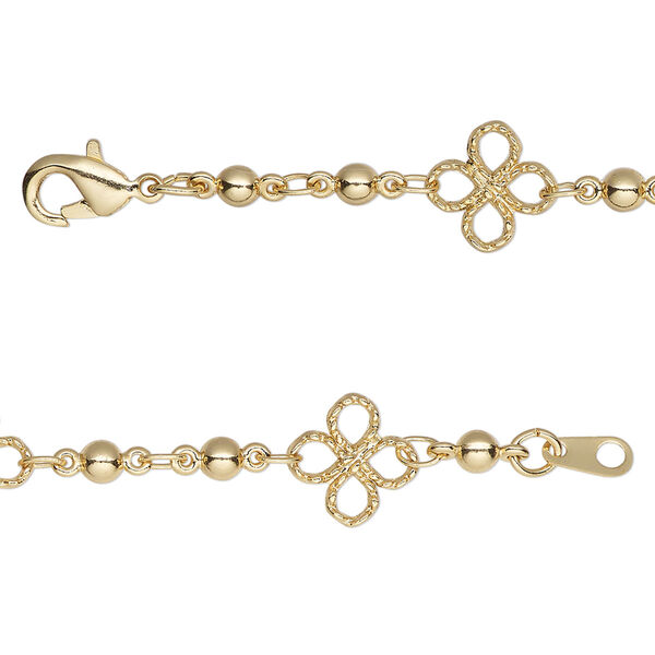 Chain, gold-finished brass, 8mm clover with 3mm bead, 18 inches with lobster claw clasp. Sold individually. image number 0