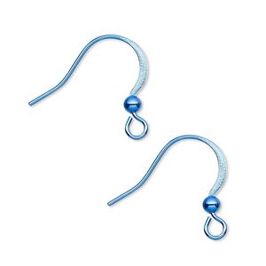 Ear wire fishhook 1pkg10, 19mm flat / 3mm ball / open loop, 21 gauge brass / electro-coated blue 5 pair