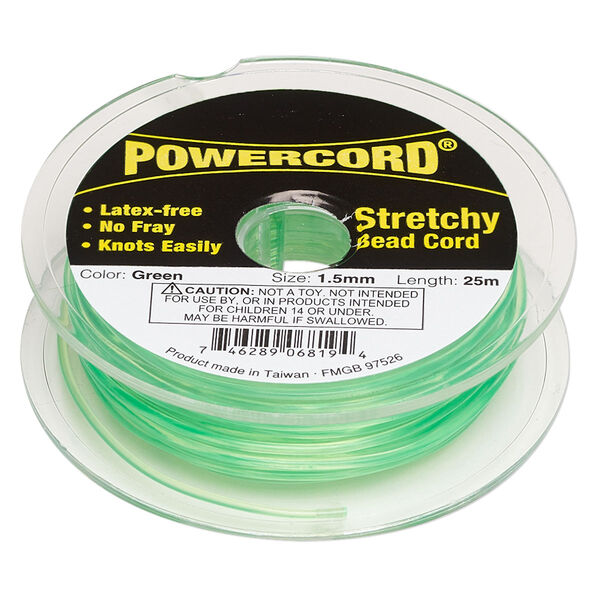 Cord, Powercord®, elastic, green, 1.5mm, 22-pound test. Sold per 25-meter spool. image number 0