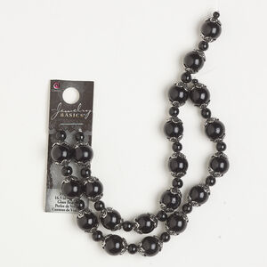 Bead assortment 1pkg80, antique silver-finished "pewter" (zinc alloy) and glass, black, 5mm round / 11mm round / 10x5mm flower bead cap, fits 9-11mm beads, 15.5-16 inches.