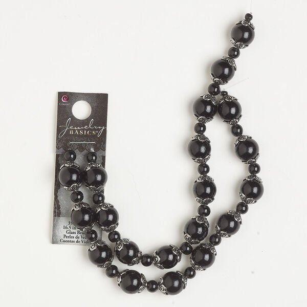 Bead assortment 1pkg80, antique silver-finished "pewter" (zinc alloy) and glass, black, 5mm round / 11mm round / 10x5mm flower bead cap, fits 9-11mm beads, 15.5-16 inches. image number 0