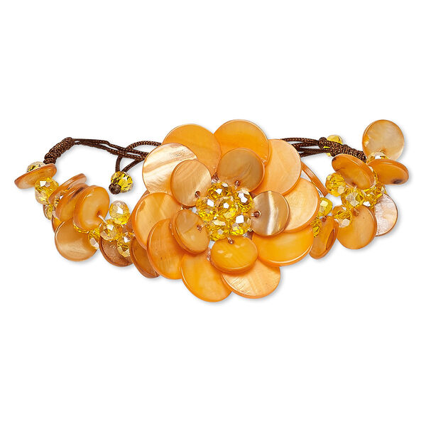 Bracelet, freshwater pearl shell (dyed) / felt / glass / waxed cotton cord, orange / brown / white, 45mm flower, adjustable from 6-1/2 to 9-1/2 inches with macramé knot closure. Sold individually. image number 0