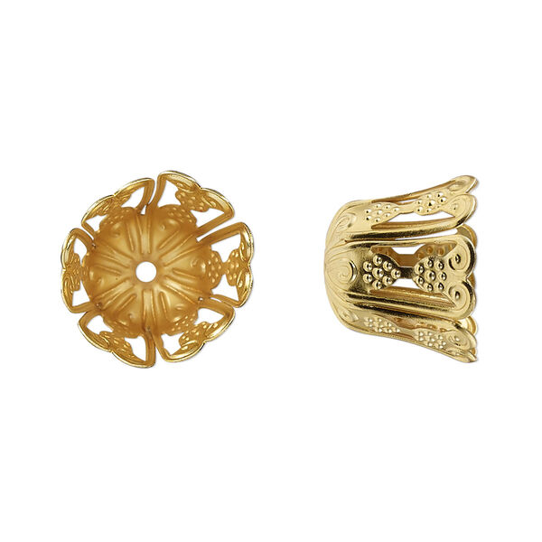 Bead cap, gold-finished steel, 15x12.5mm filigree bell, fits 10-12mm round bead. Sold per pkg of 10. image number 0