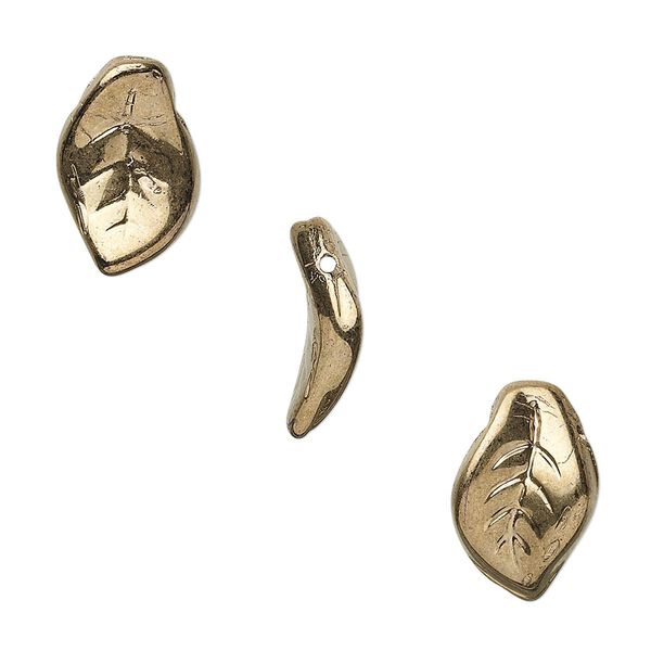 Bead, Czech pressed glass, light bronze, 14x9mm top-drilled leaf. Sold per 16-inch strand, approximately 60 beads. image number 0