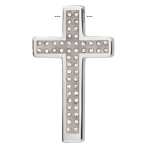 Focal, glass rhinestone / epoxy / stainless steel, clear and silver, 36x21mm single-sided cross. Sold individually.