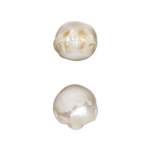 Bead, cultured freshwater pearl (natural), 12x11mm hand-carved 3D skull, Mohs hardness 3-1/2. Sold individually.