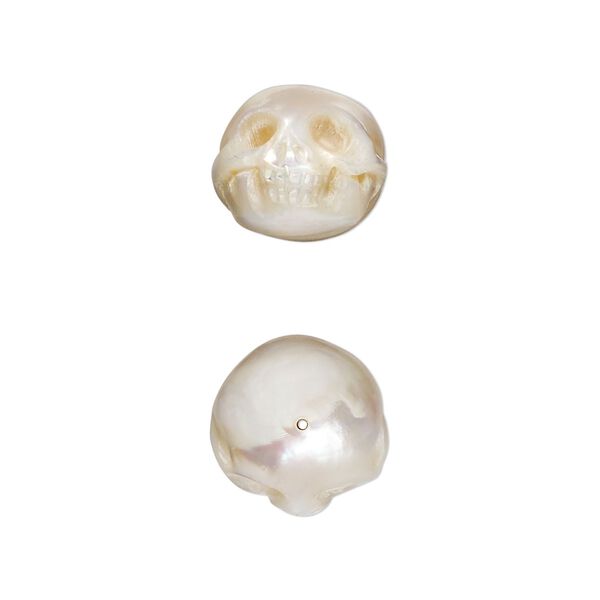 Bead, cultured freshwater pearl (natural), 12x11mm hand-carved 3D skull, Mohs hardness 3-1/2. Sold individually. image number 0