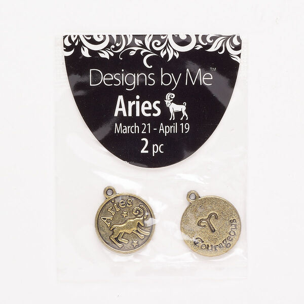 "Pewter" (zinc-based alloy) / enamel 1pkg2, 2-sided round charm / Aries / "Courageous" antique gold finish / black 18mm image number 0