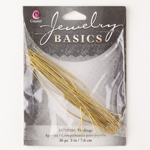 Head pin, steel, pkg/36, gold finish, 3 inches, 23 gauge. image number 0