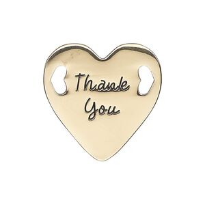 Link, antique gold-finished "pewter" (zinc-based alloy), 25.5mm single-sided flat heart with "Thank You." Sold individually.