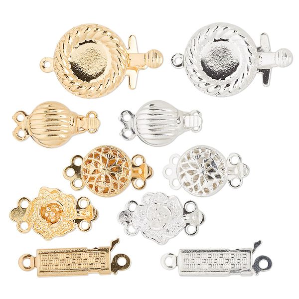Clasp mix, tab, gold- and silver-plated brass, 9x8mm-13x6mm fancy mixed shapes. Sold per pkg of 50. image number 0