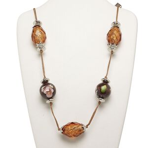 Necklace, acrylic and Korean boxwood, brown and silver, 29mm round and 40x28mm painted faceted oval, waxed cotton cord adjustable up to 50 inches. Sold individually.