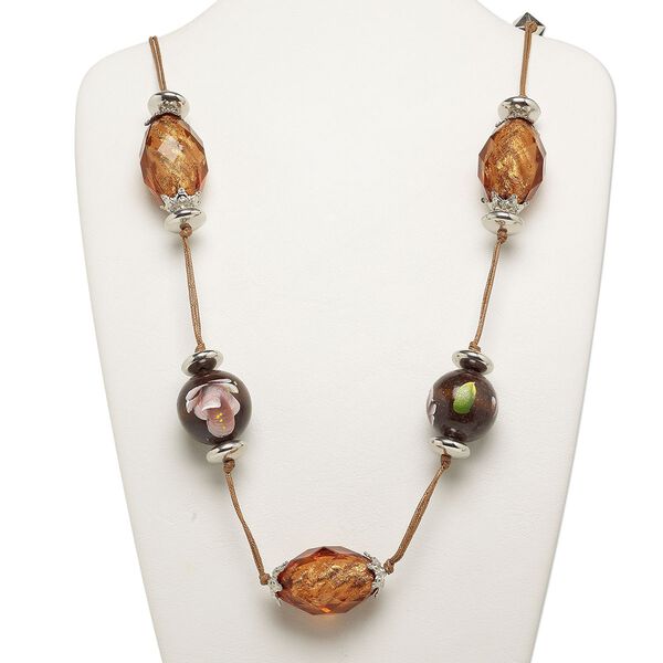 Necklace, acrylic and Korean boxwood, brown and silver, 29mm round and 40x28mm painted faceted oval, waxed cotton cord adjustable up to 50 inches. Sold individually. image number 0