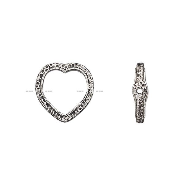 Bead frame, antique silver-finished "pewter" (zinc-based alloy), 14mm open heart with hammered edge, fits up to 10mm bead. Sold per pkg of 2. image number 0