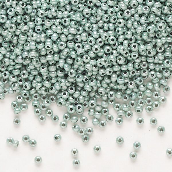 Seed bead, Preciosa Ornela Czech glass, pkg/50g, #11 rocaille, opaque green luster chalkwhite, (46055). image number 0