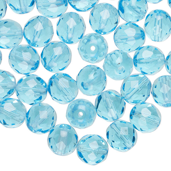 Bead, Czech fire-polished glass 1pkg600, translucent light turquoise blue, 8mm faceted round. image number 0