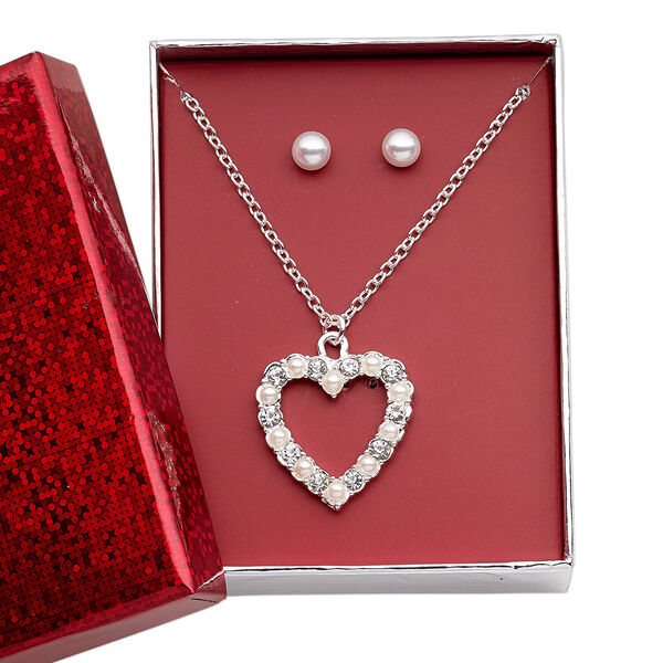 Necklace and earring set, acrylic pearl / glass rhinestone / silver-finished brass / steel / "pewter" (zinc-based alloy), clear and white, 25.5x25mm open heart, 15" to 16" necklace with 3-inch extender chain and lobster claw clasp, 6mm round with post. Sold per set. image number 0
