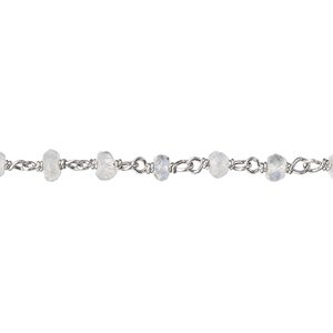 Chain 1pkg1 rhodium-plated sterling silver / moonstone (natural) beaded, 3.5x2mm-4x2.5mm faceted rondelle, 36 inch