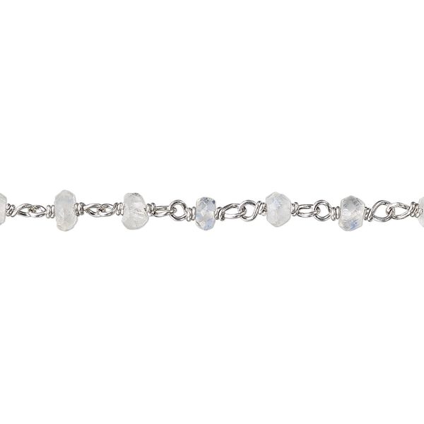 Chain, rainbow moonstone (natural) and rhodium-plated sterling silver, 3.5x2mm-4x2.5mm hand-cut faceted beaded rondelle. Sold per 36-inch strand. image number 0