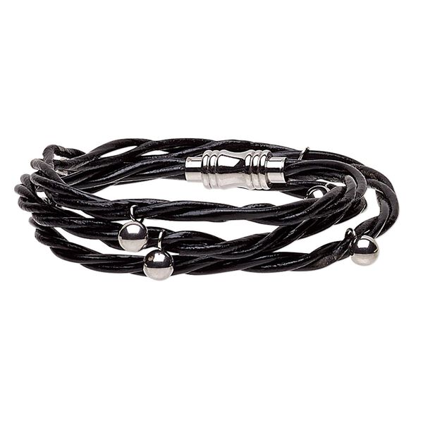Bracelet, 3-strand wrap, leather (dyed) and stainless steel, black, 10mm wide twisted with 6mm round, 6-1/2 inches with magnetic clasp. Sold individually. image number 0