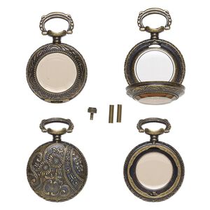 Watch body, acrylic and antique brass-finished "pewter" (zinc-based alloy), transparent brown, 41x27mm with 27mm round and floral design. Sold per 5-piece set.