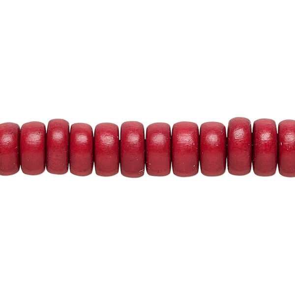 Bead, Taiwanese cheesewood (dyed / waxed), cranberry red, 8x4mm rondelle. Sold per pkg of (2) 15-1/2" to 16" strands. image number 0