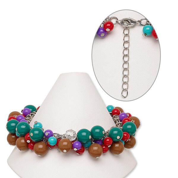 Bracelet, acrylic / glass / silver-finished steel / brass, multicolored, 20mm wide with round, 7 inches with 2-inch extender chain and lobster claw clasp. Sold individually. image number 0