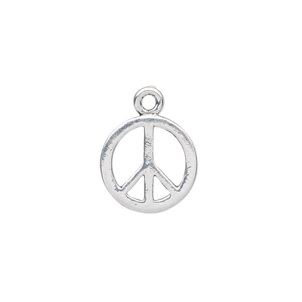 Charm, antique silver-plated "pewter" (zinc-based alloy), 14mm peace sign. Sold per pkg of 10. image number 0