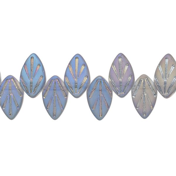 Bead, glass, translucent matte grey blue AB, 11x6.5mm top-drilled leaf. Sold per 15-1/2" to 16" strand. image number 0
