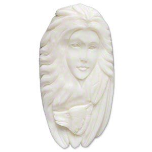 Embellishment, bone (bleached), white, 60x30mm-64x34mm hand-carved single-sided undrilled spirit wolf, Mohs hardness 2-1/2. Sold individually.