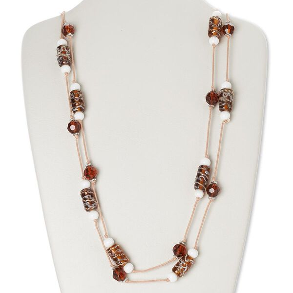 Necklace, glass / lampworked glass / waxed cotton cord / silver-finished brass, amber brown / honey / light brown, 60-inch continuous loop. Sold individually. image number 0