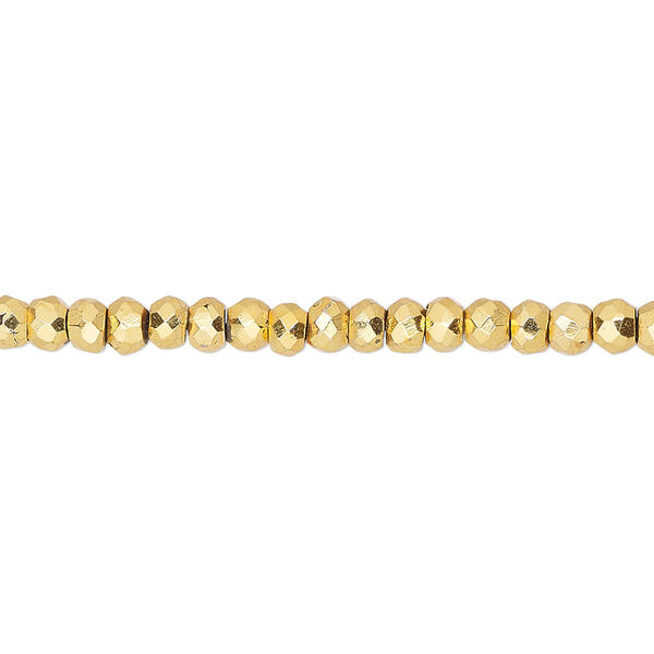 Bead, oxidized / electroplated / gold-plated pyrite (coated), 3x2mm-4x3mm hand-cut faceted rondelle with 0.4-1.1mm hole, B- grade, Mohs hardness 6. Sold per 12-inch strand. image number 0